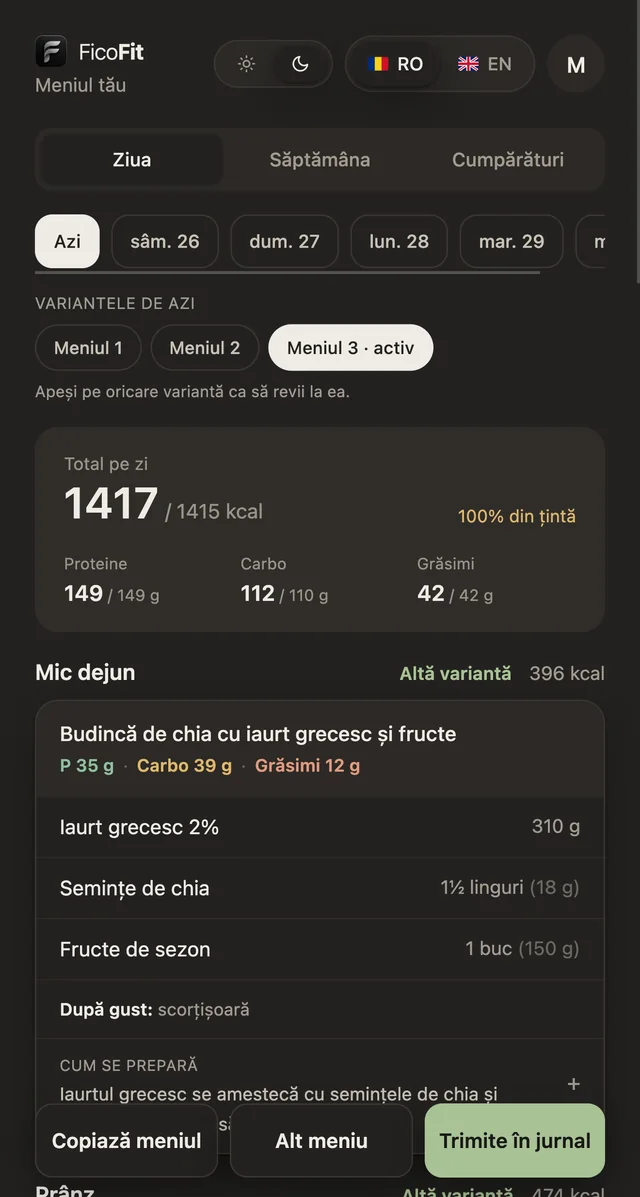 Meniul zilei în aplicația FicoFit
